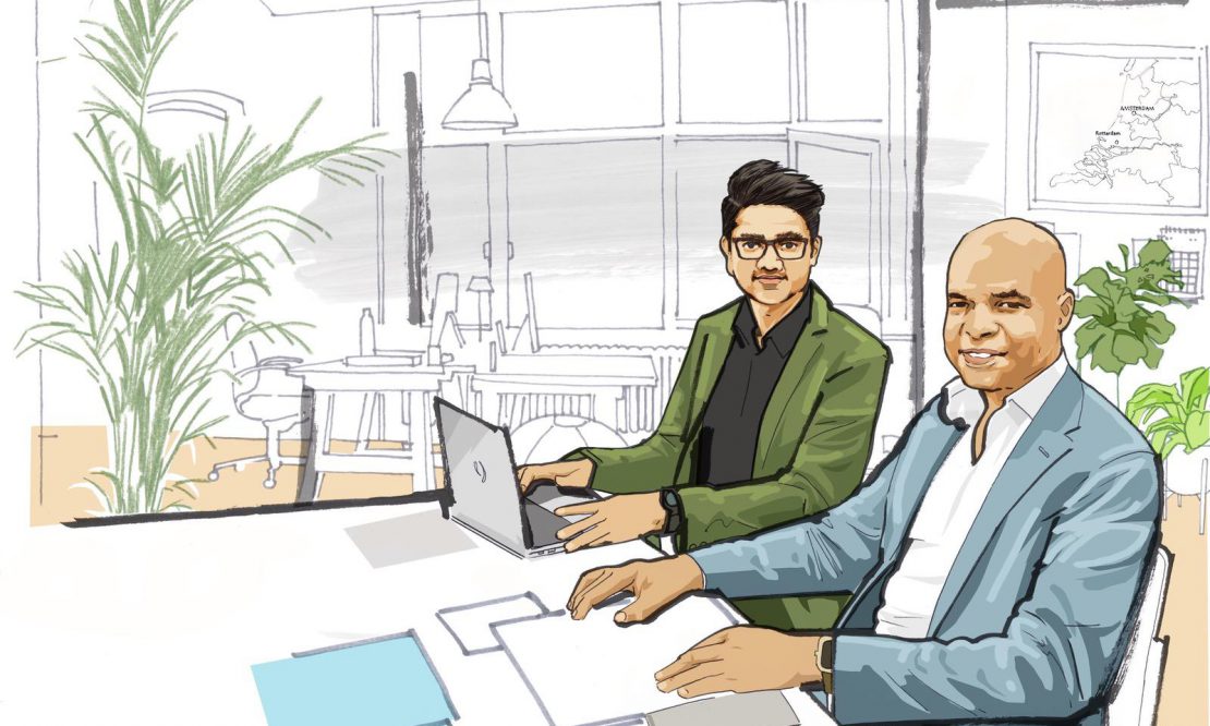 Illustration of two alumni sitting together in an office