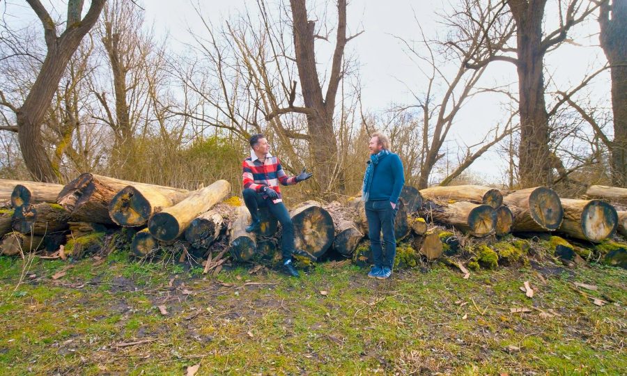 Two people sit on logs in a forest talking
