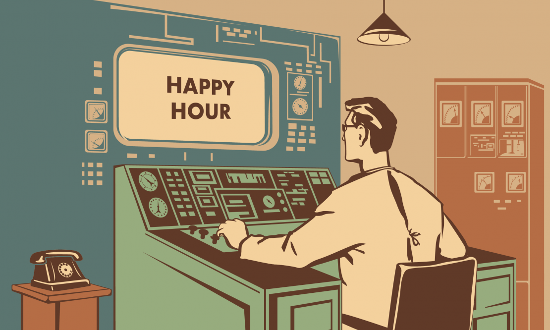 Old fashioned computer operated by a manager with the text 'Happy Hour' on the screen