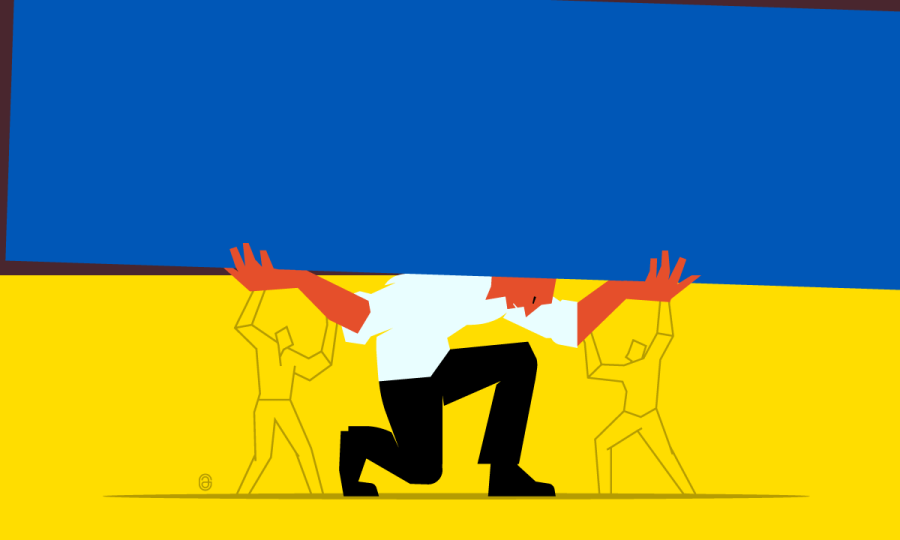An illustration of a person holding up the Ukrainian flag in the style of the Rotterdam bombing memorial statue