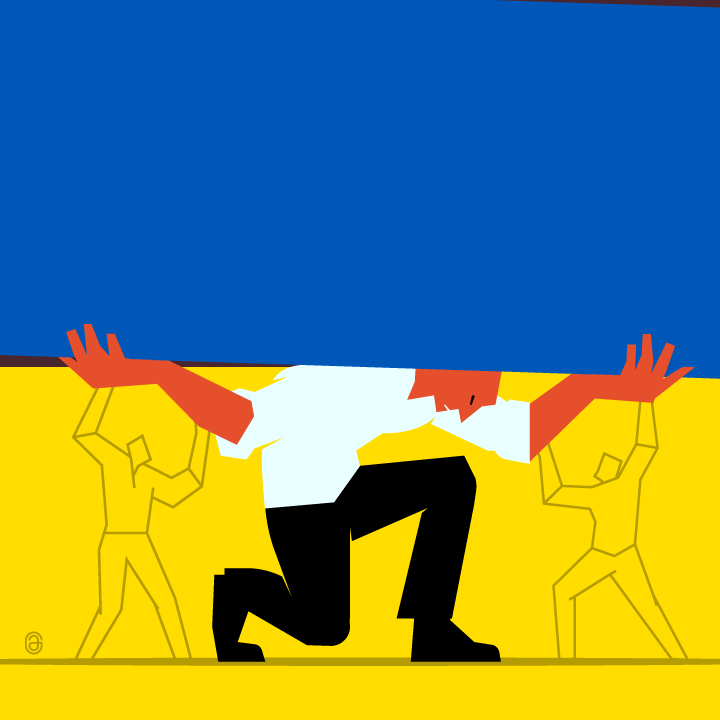 An illustration of a person holding up the Ukrainian flag in the style of the Rotterdam bombing memorial statue