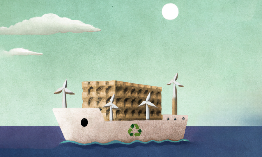 A container ship made from recycled paper and covered with wind turbines