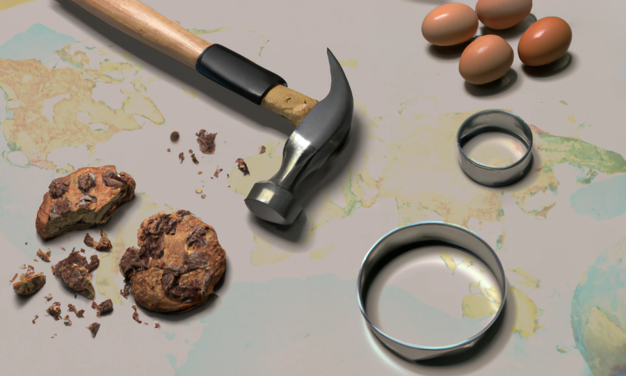A cookie lies broken on a table covered with a world map next to a hammer, cookie cutters and baking ingredients